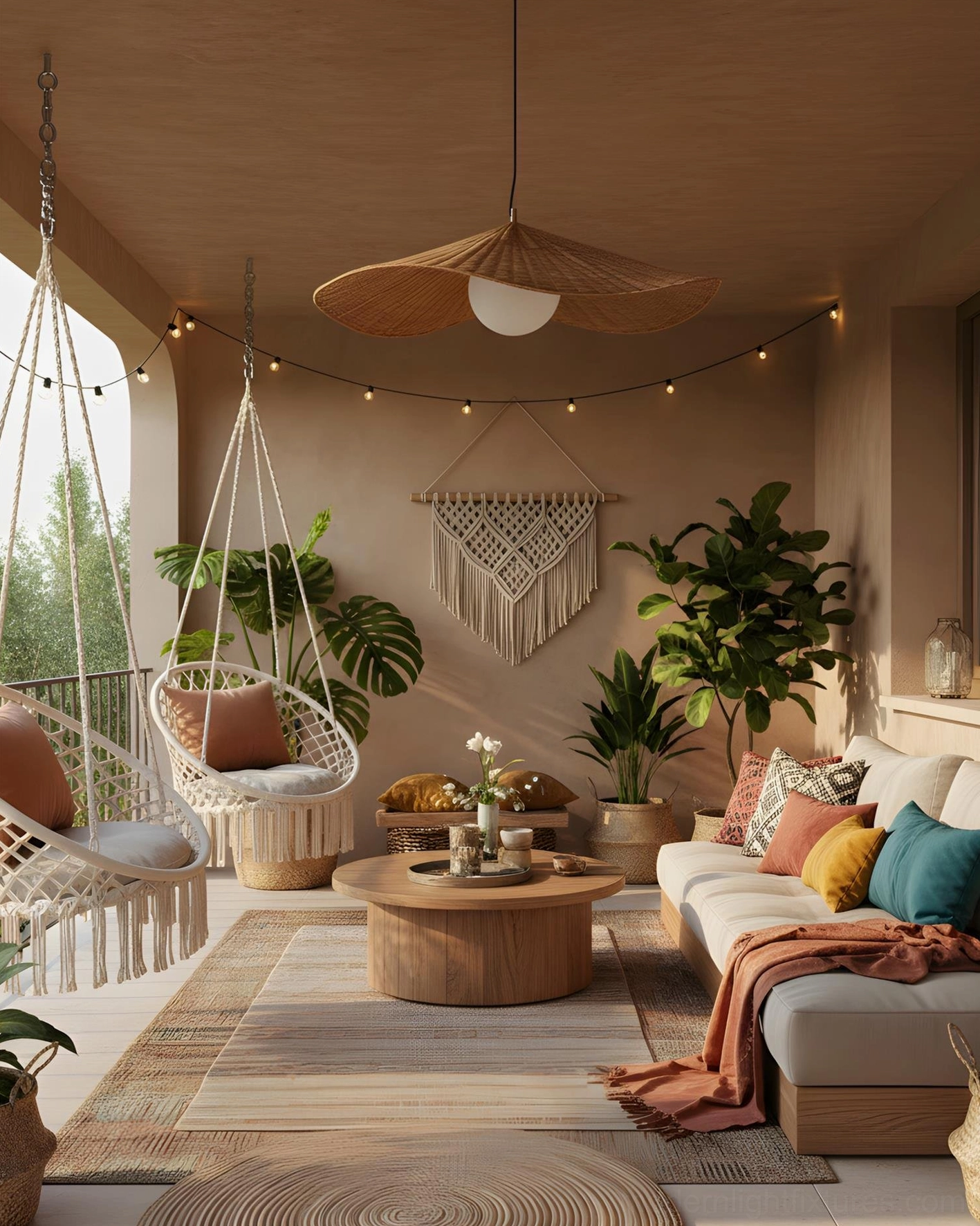 Large flared rattan pendant fixture in panoramic boho sunroom with hanging chairs and natural light