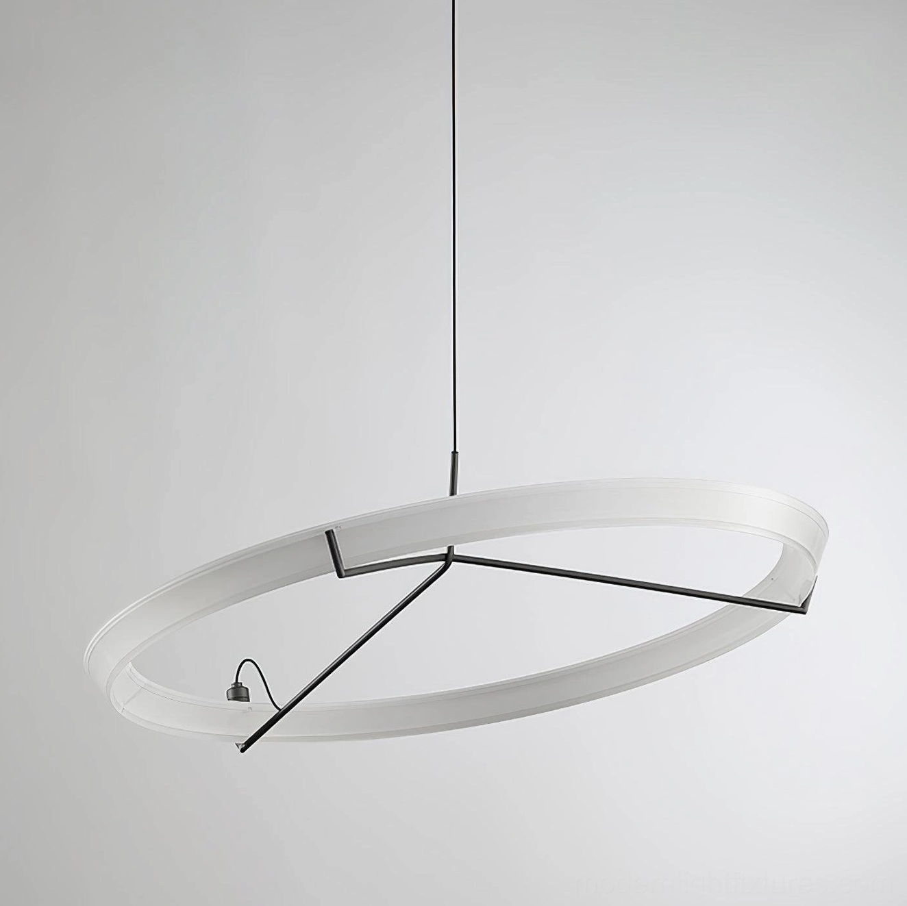 Large circular LED pendant lamp with matte black support frame and frosted glowing acrylic ring