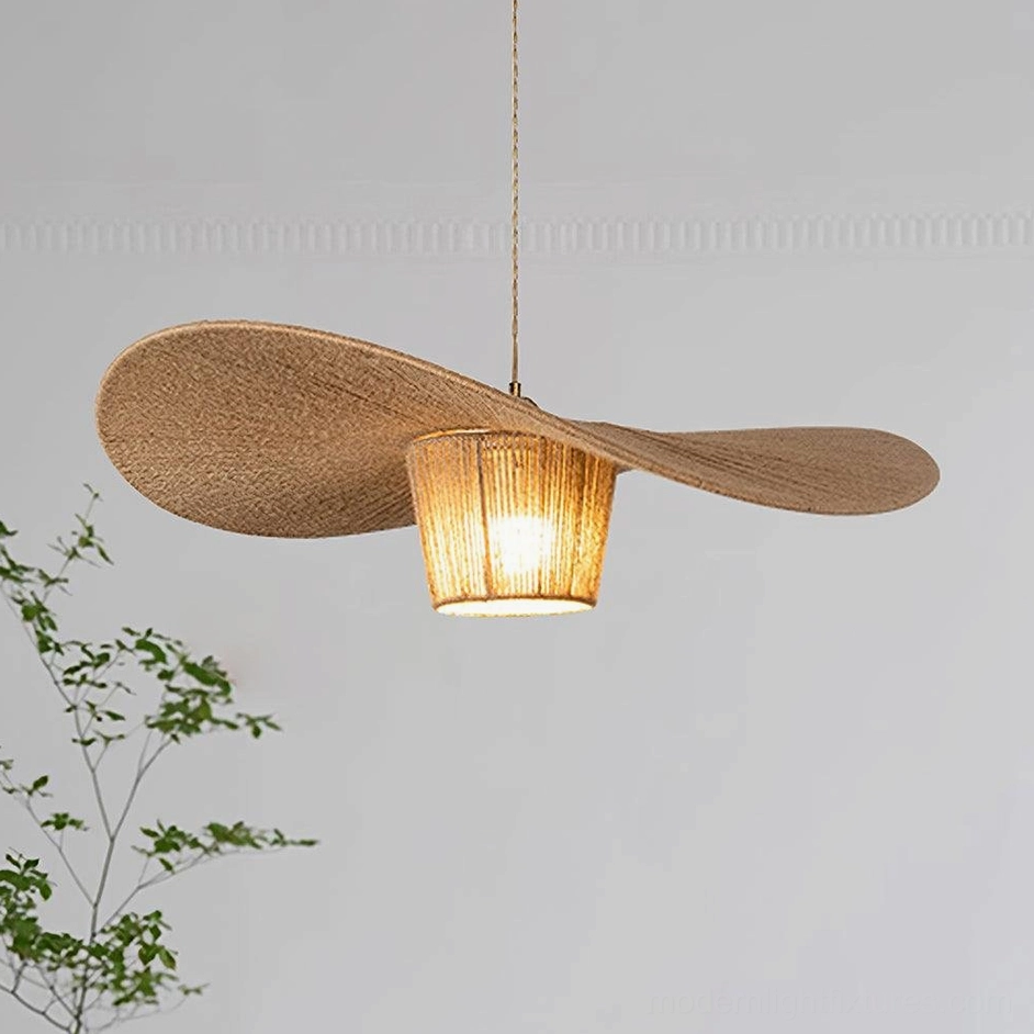 Large 100cm handwoven hemp rope rustic pendant light with warm ambient glow in contemporary interior space