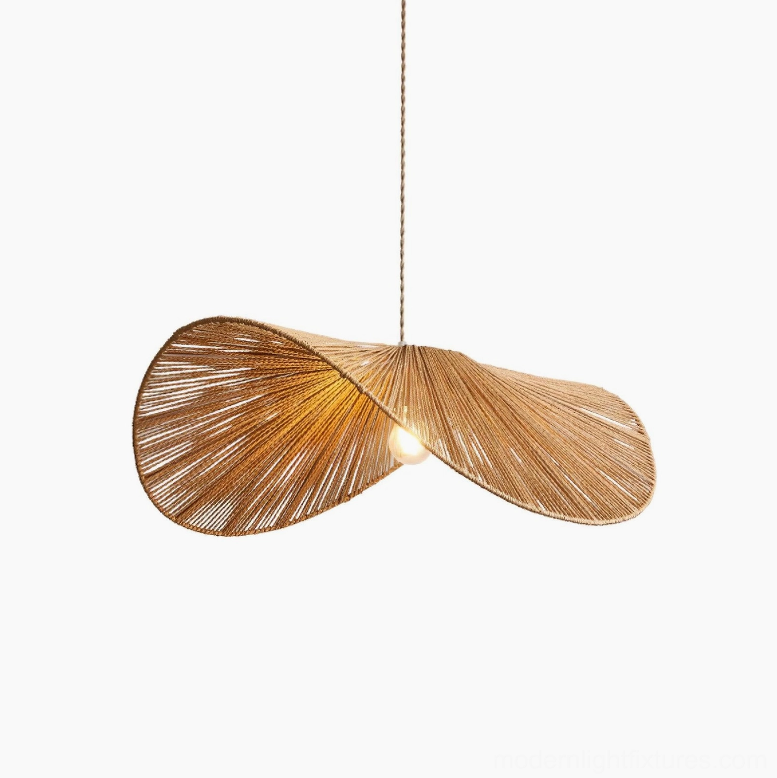 Large scale woven rope straw hat pendant light making architectural statement in open concept space