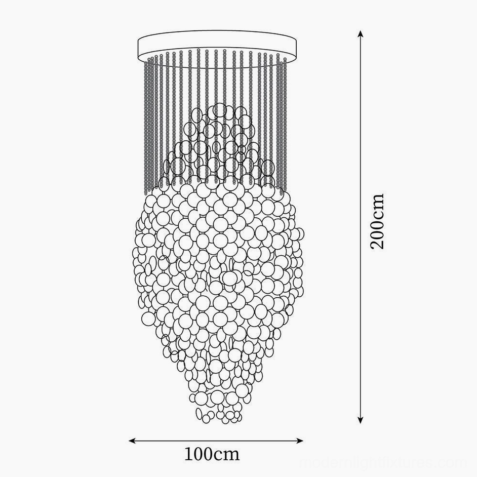 Large shell chandelier technical specification drawing front view 100cm diameter 200cm height extended tapered design