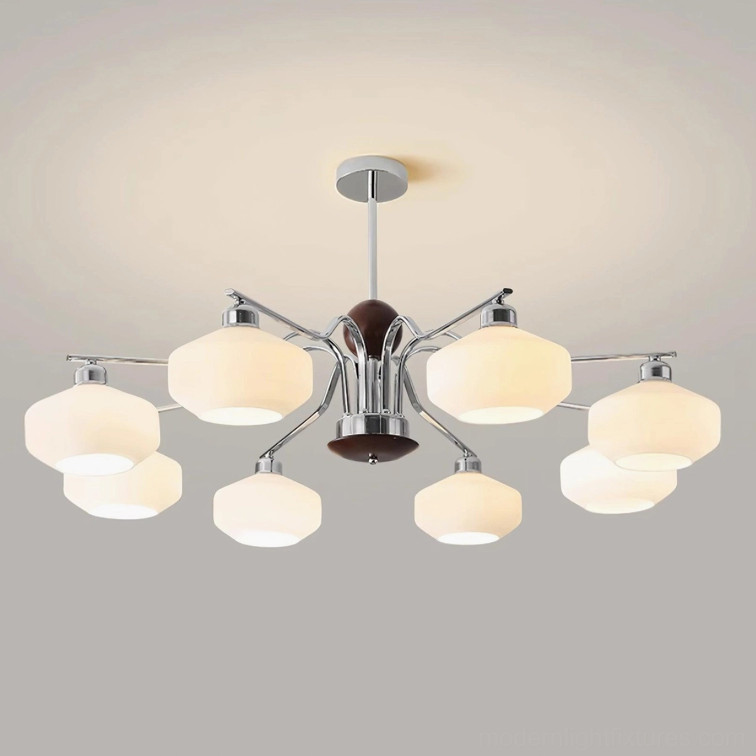 Large 8-head retro sputnik chandelier with dark wood center and chrome accents overhead view