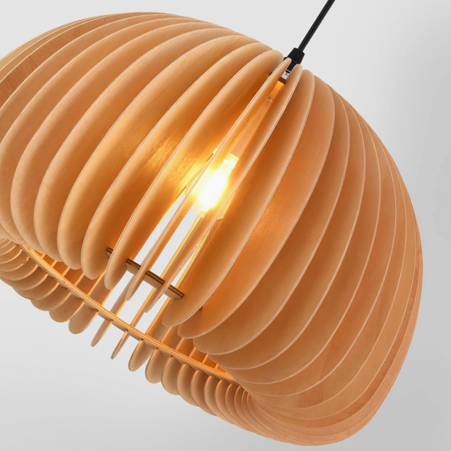 Large pumpkin wood pendant light statement piece for spacious modern dining areas