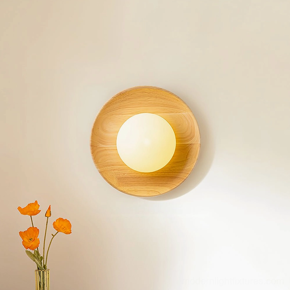 Large 35cm diameter round wall sconce statement fixture in walnut color