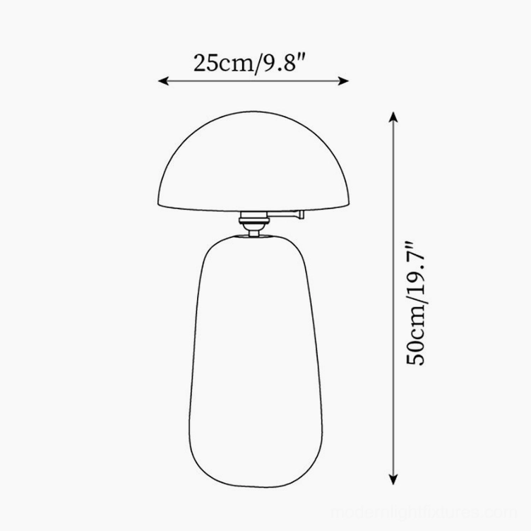Technical dimension schematic of large oak wood table lamp showing 25cm diameter and 50cm height specifications