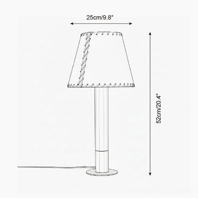 Large tapered table lamp technical drawing - 25cm width 52cm height with stitched shade
