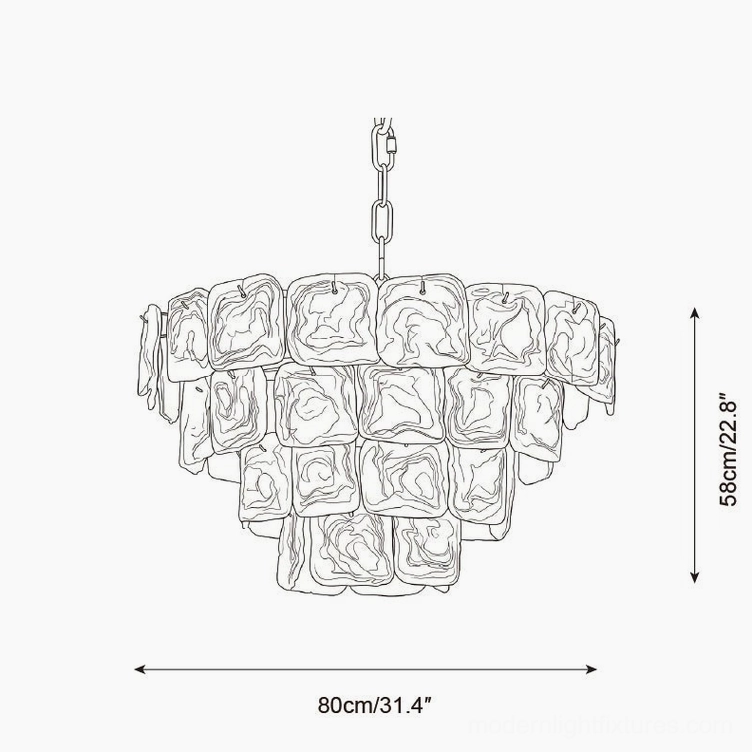 Technical drawing of large tiered glass chandelier, 80cm diameter by 58cm height blueprint, three-tier architectural design schematic