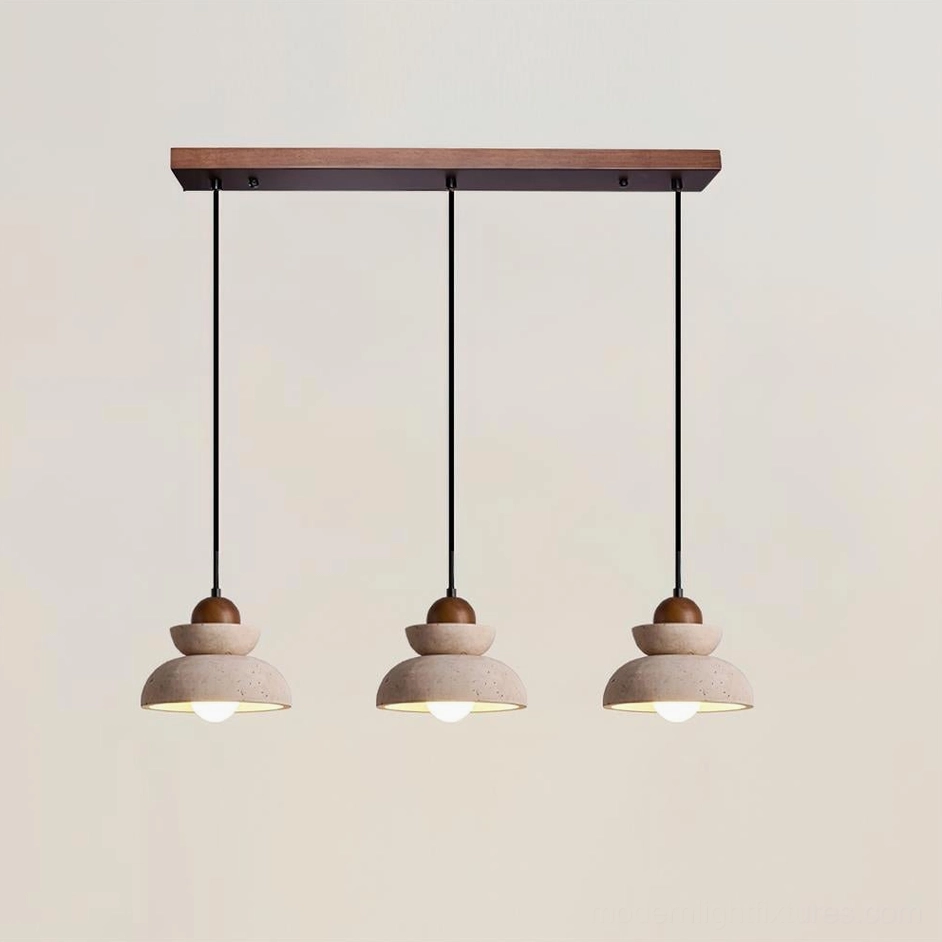 Triple pendant light large format travertine and walnut modern fixture set