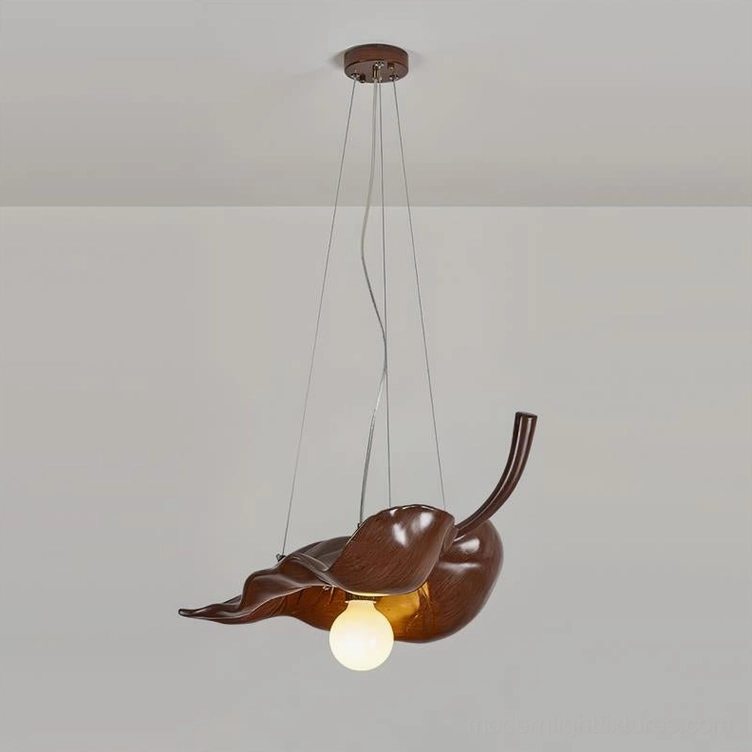 Large walnut color maple leaf pendant light, premium resin shade with metal components