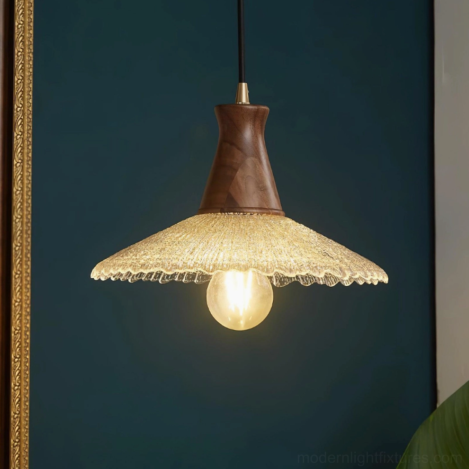 Large walnut pendant lamp 31cm diameter with rippled glass and brass connector, premium quality finish