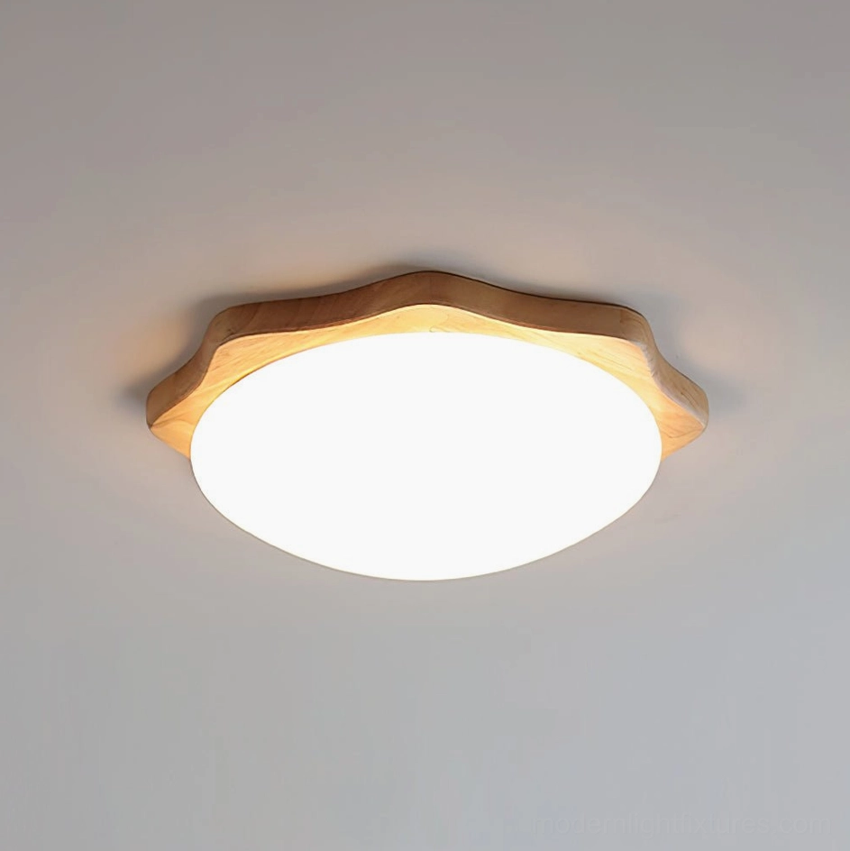 Wavy maple wood ceiling light 45cm large size mounted in master bedroom with warm integrated LED glow