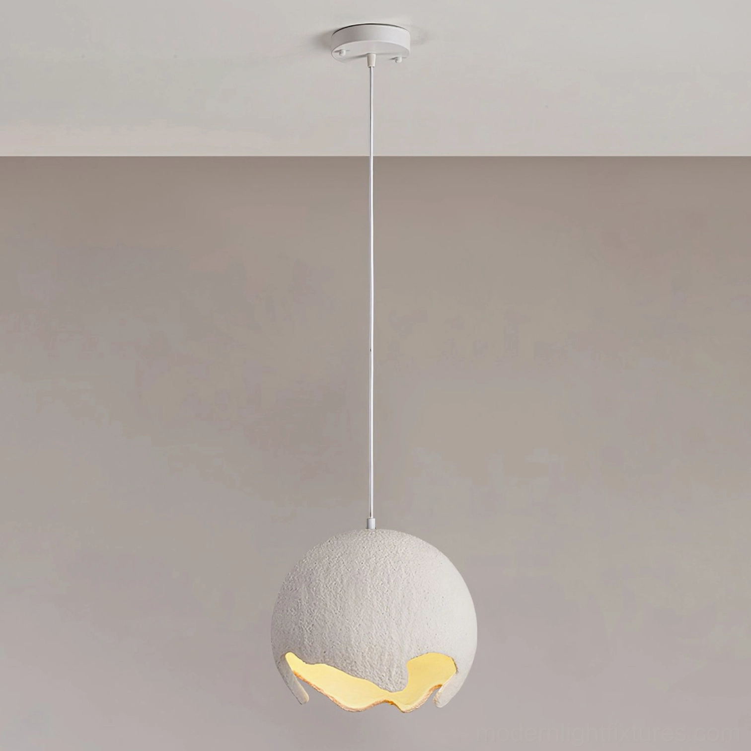 Large white moon crater pendant light with expansive textured resin shade, contemporary minimalist hanging fixture for dining islands