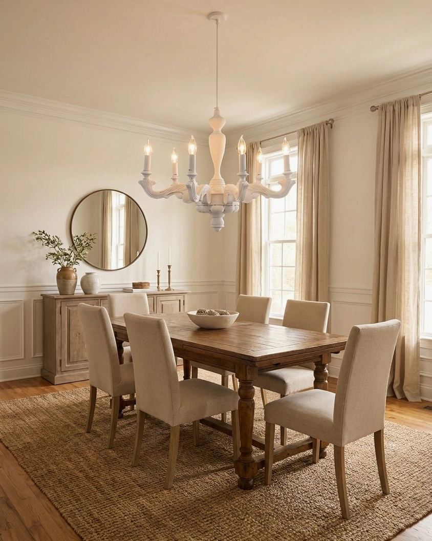 Large white ornate multi-arm chandelier illuminating spacious formal dining space with warm ambiance