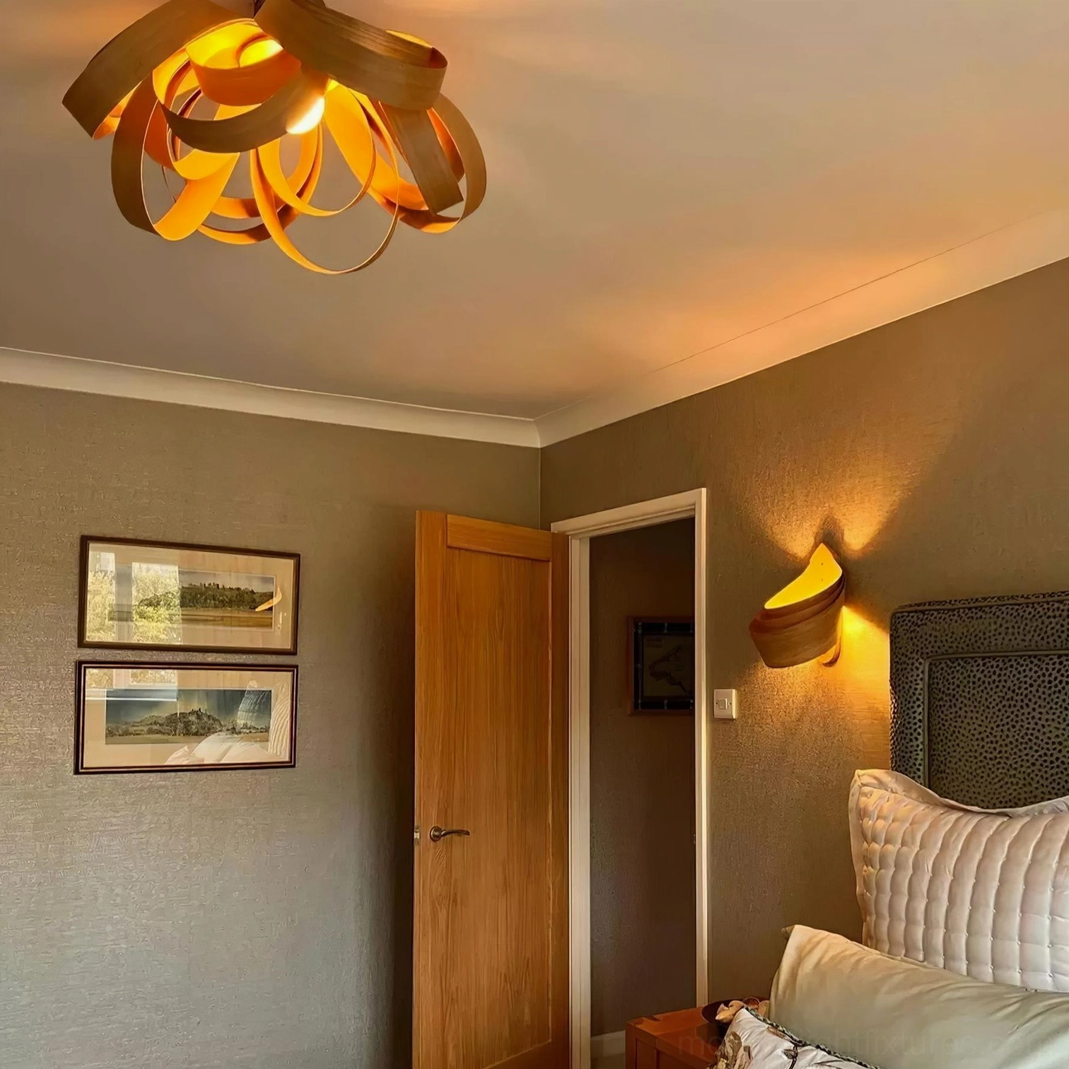 Large wood petal ceiling fixture spacious room installation perspective