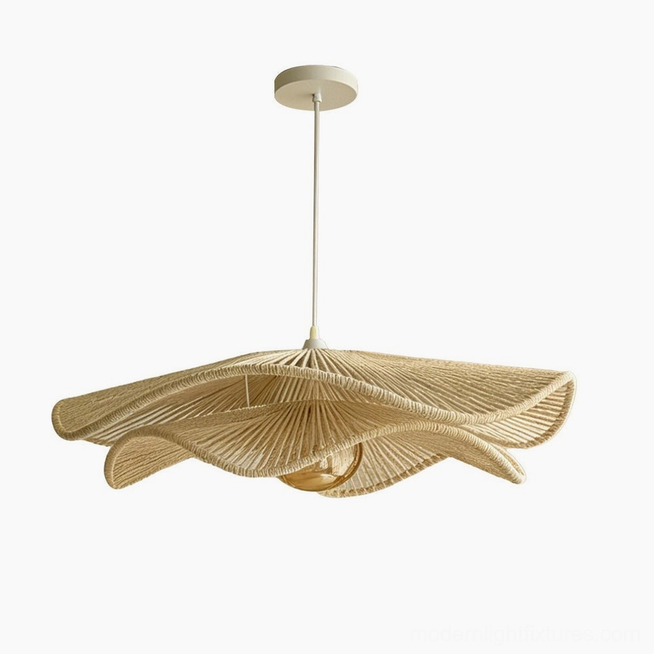Large woven hemp rope pendant light fixture installation, sculptural wave design with handwoven natural beige fibers, statement lighting piece