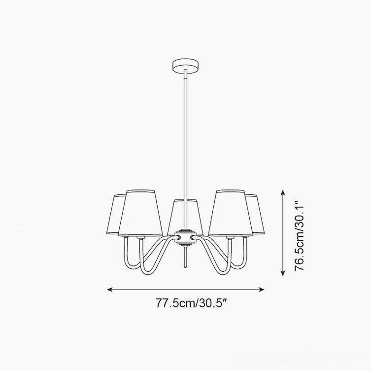 Lassen 5-head chandelier technical drawing, dimension reference, 77.5cm diameter 76.5cm height