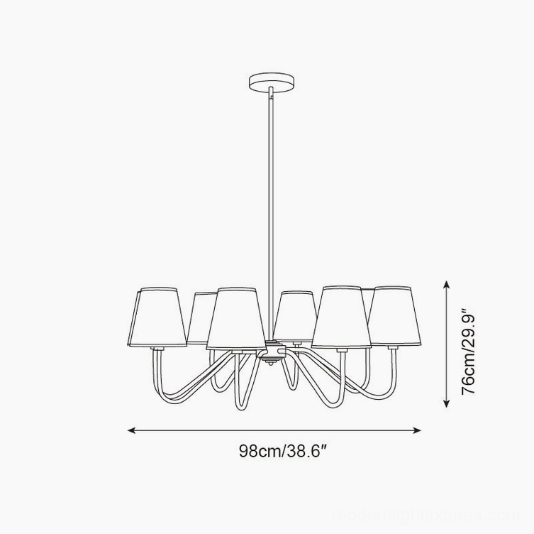 Lassen 8-head chandelier technical drawing, orthographic view, 98cm diameter 76cm height size reference