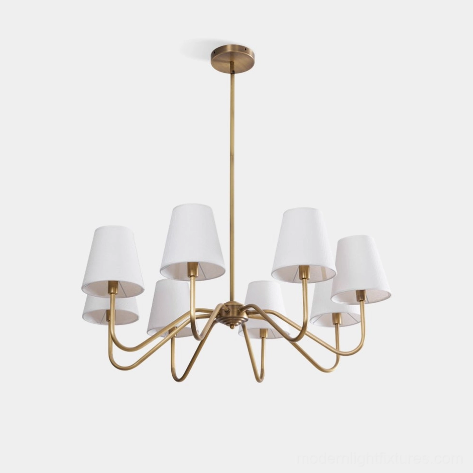 Lassen 8-light brass chandelier with tapered fabric shades, brushed brass frame, mid-century modern design, front studio view