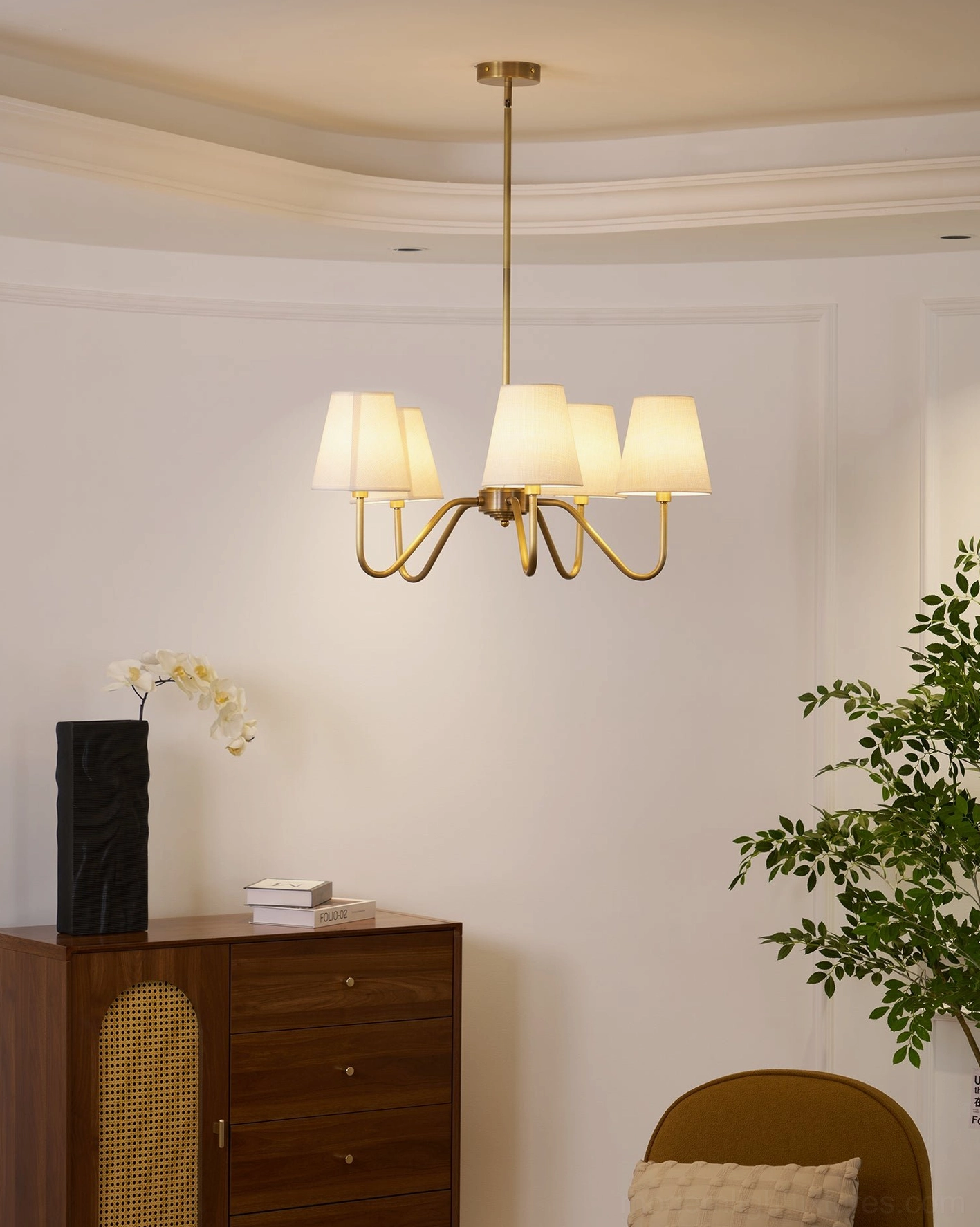Lassen brass chandelier comprehensive product view, all sides visible, complete fixture demonstration