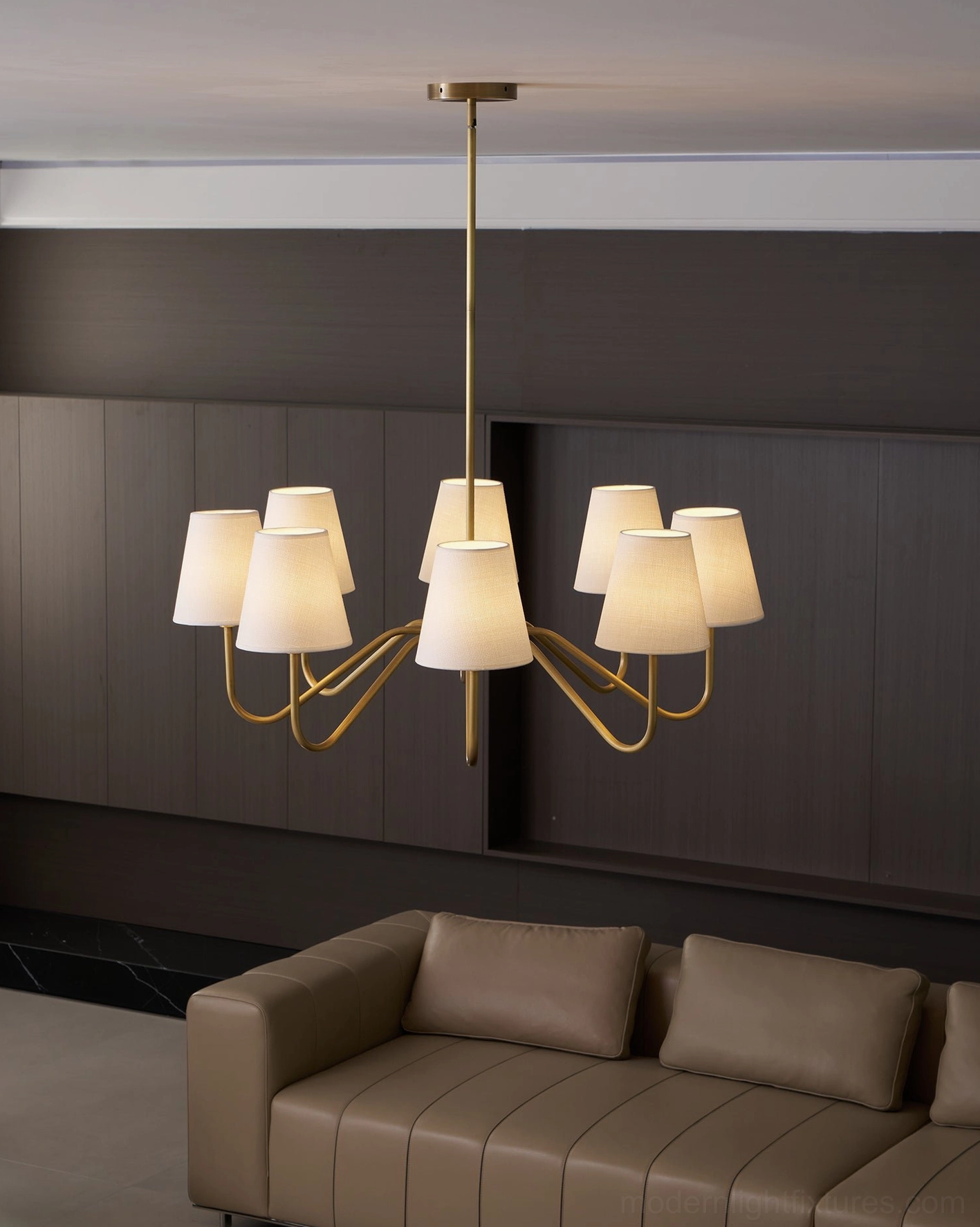Lassen brass chandelier interior design application, room context, modern home decorating with statement lighting