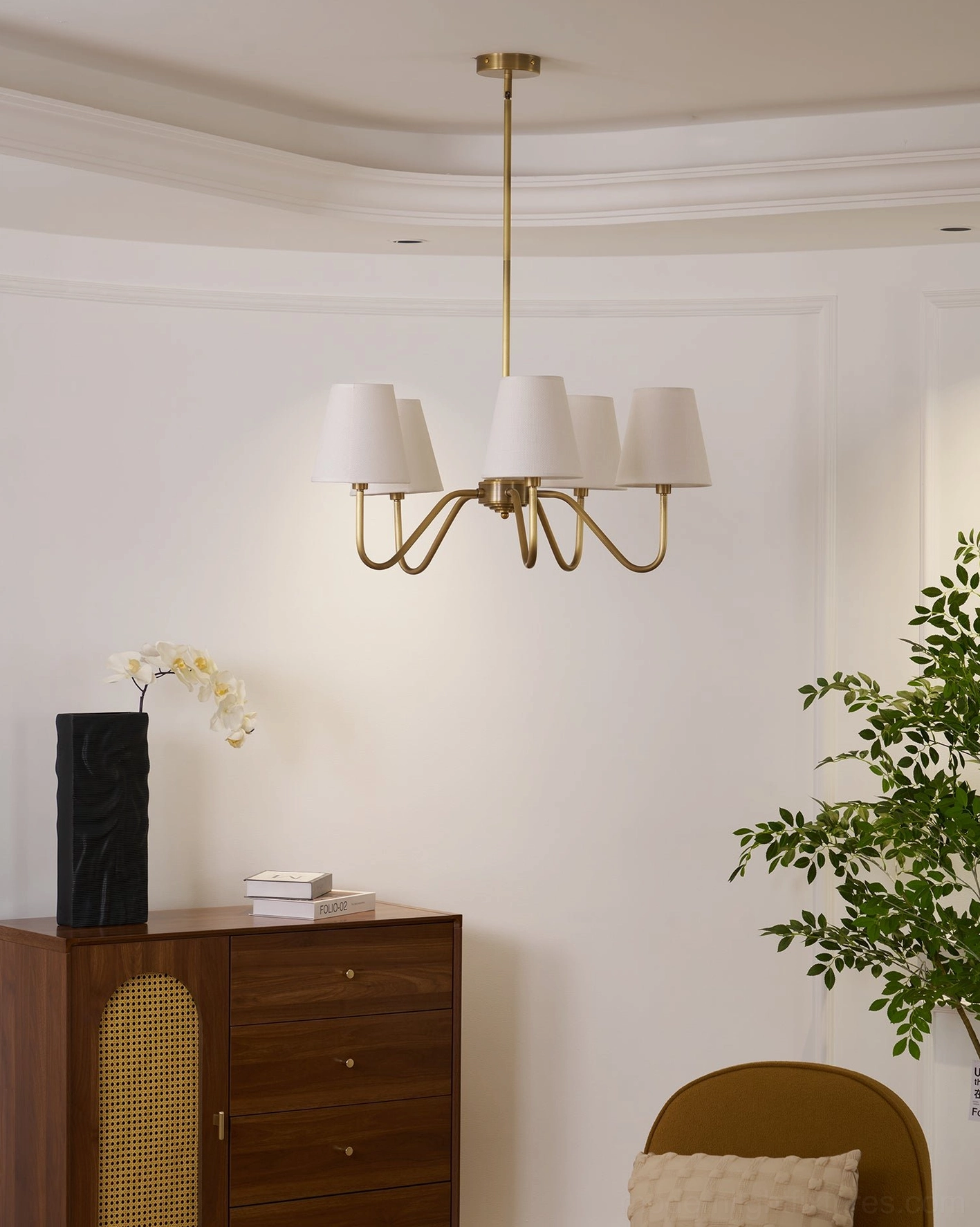 Lassen brass chandelier side angle, frame construction, fabric shade detail, mid-century modern craftsmanship
