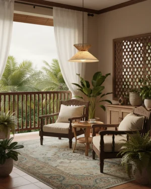 Modern rattan pendant lamp illuminated in tropical balcony lounge with natural lighting and rustic Southeast Asian home décor