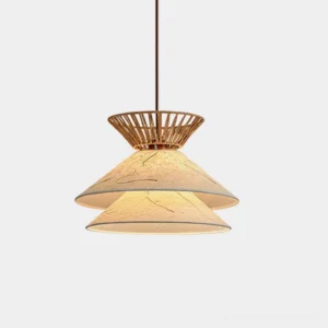 Handwoven lattice rattan pendant light with two-tier beige textured shade and woven rattan framework, studio isolated view