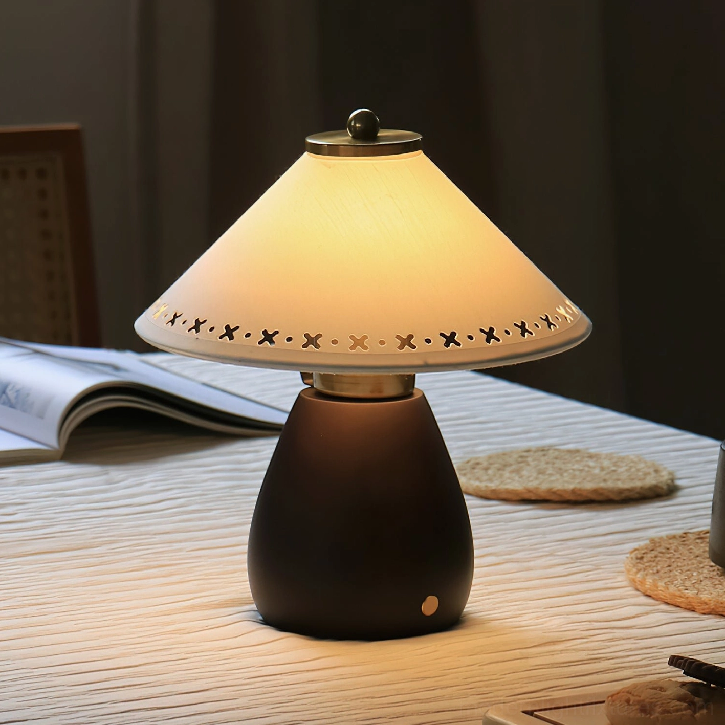 Lattice Table Lamp on bedroom bedside table with warm light creating patterned shadows, nightstand styling
