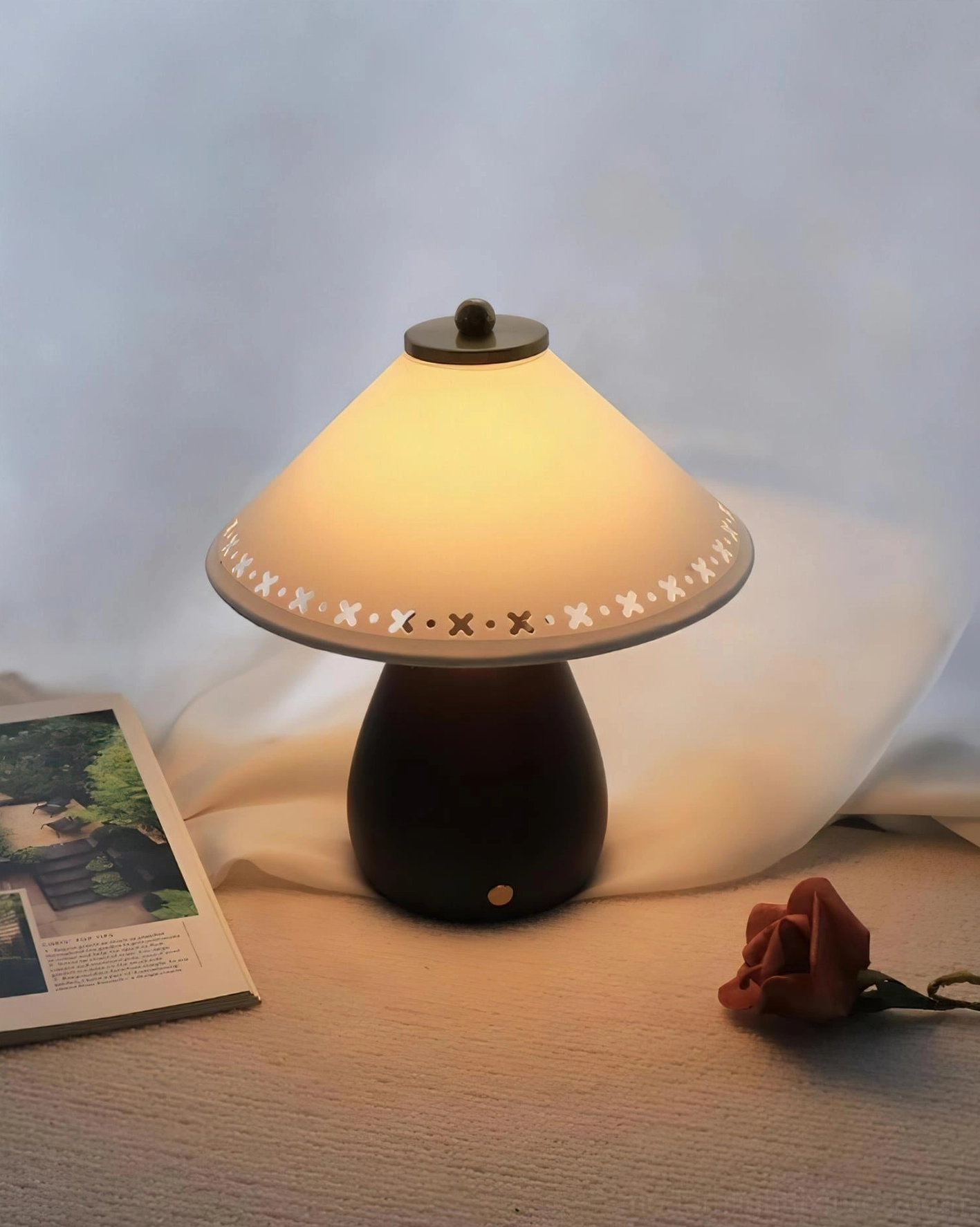 Lattice Table Lamp side view showing rounded base and fabric shade geometry with LED glow