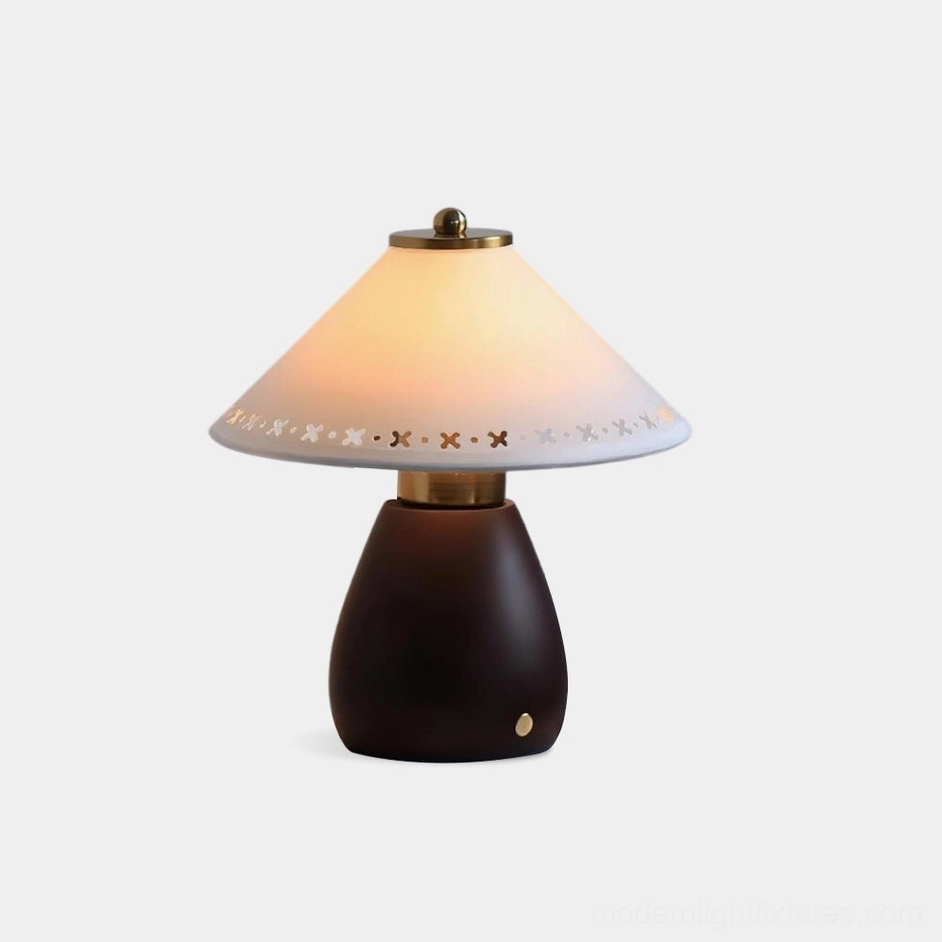 Lattice Table Lamp with warm LED light and geometric cutout shade design in Walnut Color finish, studio front view