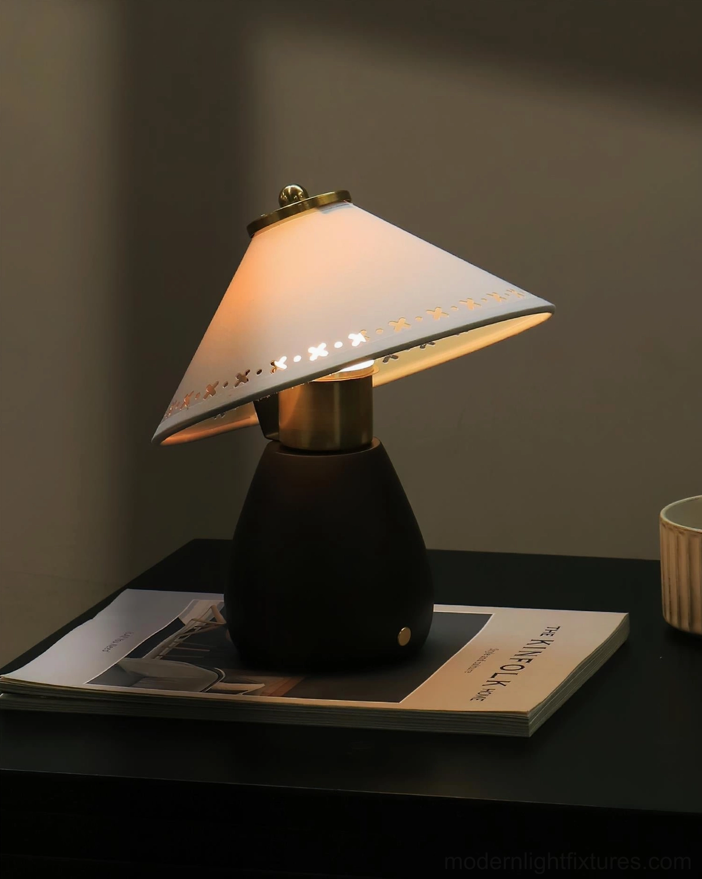 Lattice Table Lamp low angle view on wooden bedside table with magazine, warm 3000K illumination