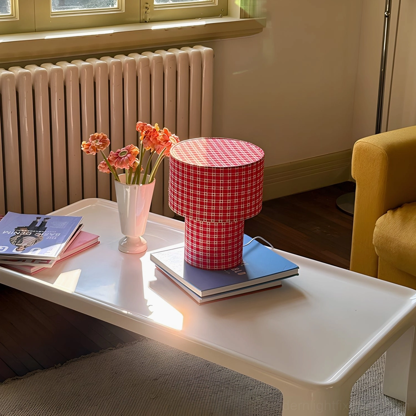 Illuminated red gingham latticefield table lamp sunlit coffee table near radiator with book stack