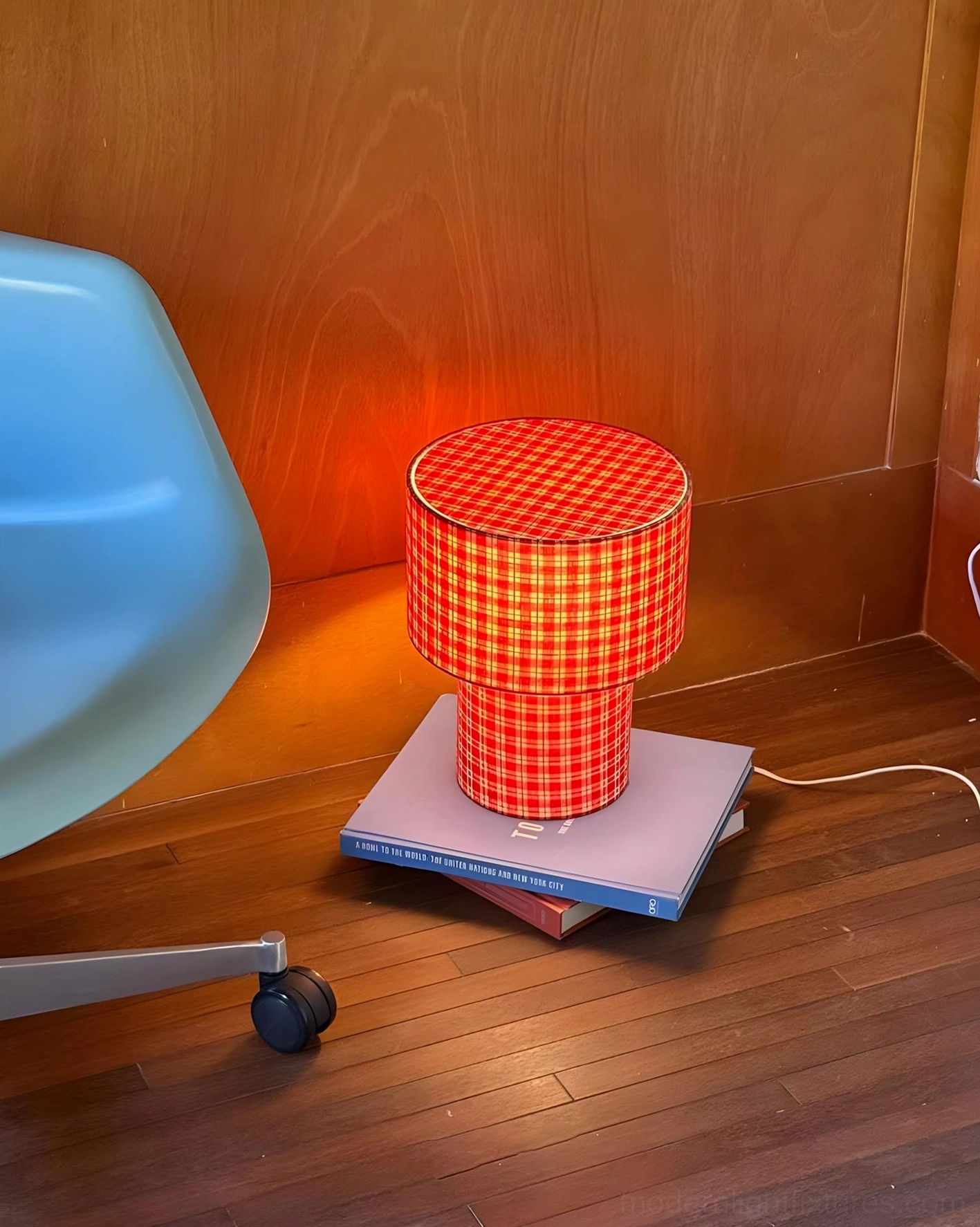 Latticefield cylindrical table lamp all three color variants orange green red gingham fabric display