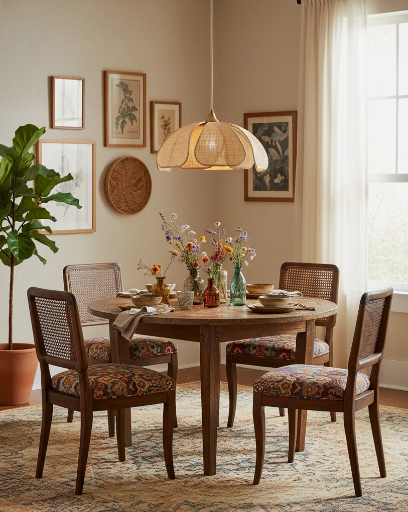 Latticeon abaca pendant light creating warm ambient glow above vintage wooden dining furniture