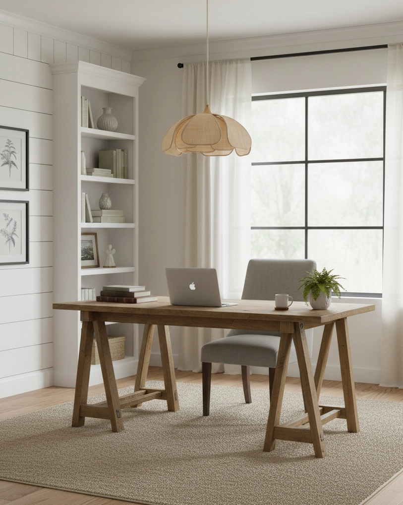Latticeon woven abaca pendant light fixture suspended in minimalist farmhouse home office workspace