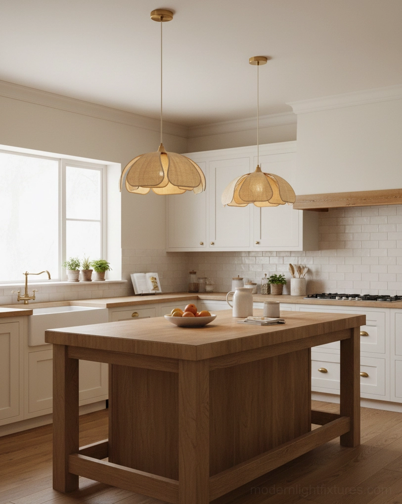 Dual Latticeon woven pendant lights suspended in modern farmhouse kitchen with wooden island and beige shades
