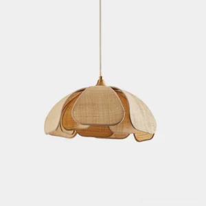 Latticeon woven abaca pendant light with petal-like panels, front view on studio background