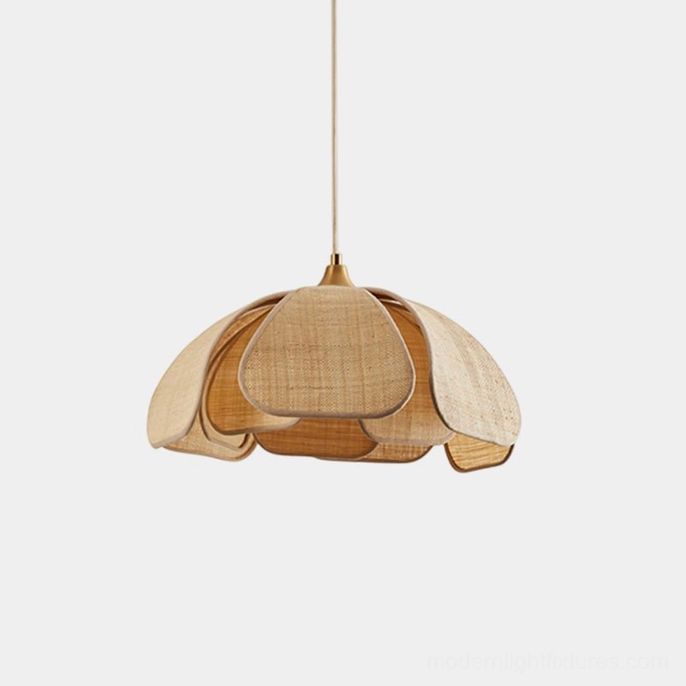 Latticeon woven abaca pendant light with petal-like panels, front view on studio background