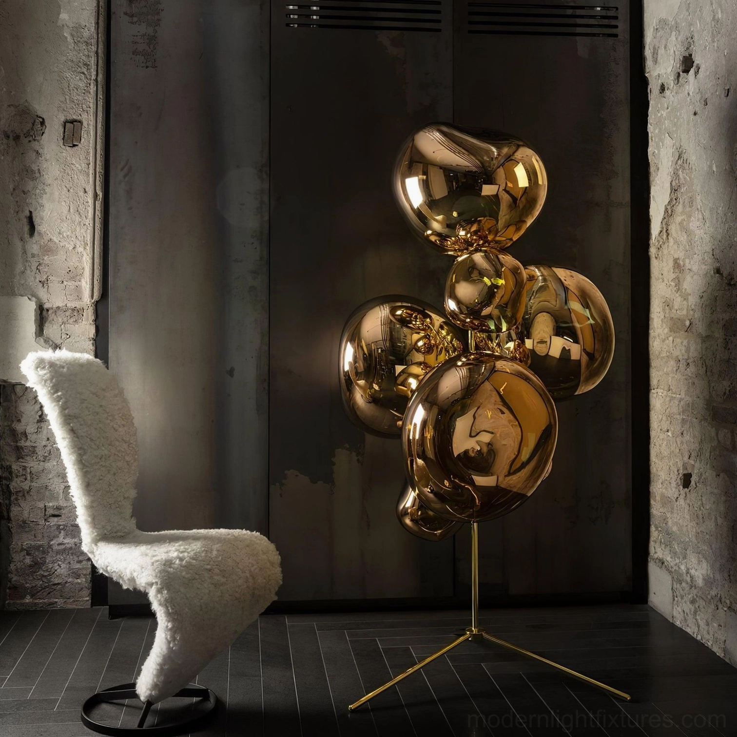Modern bubble floor lamp with asymmetrical glass shades in designer interior space