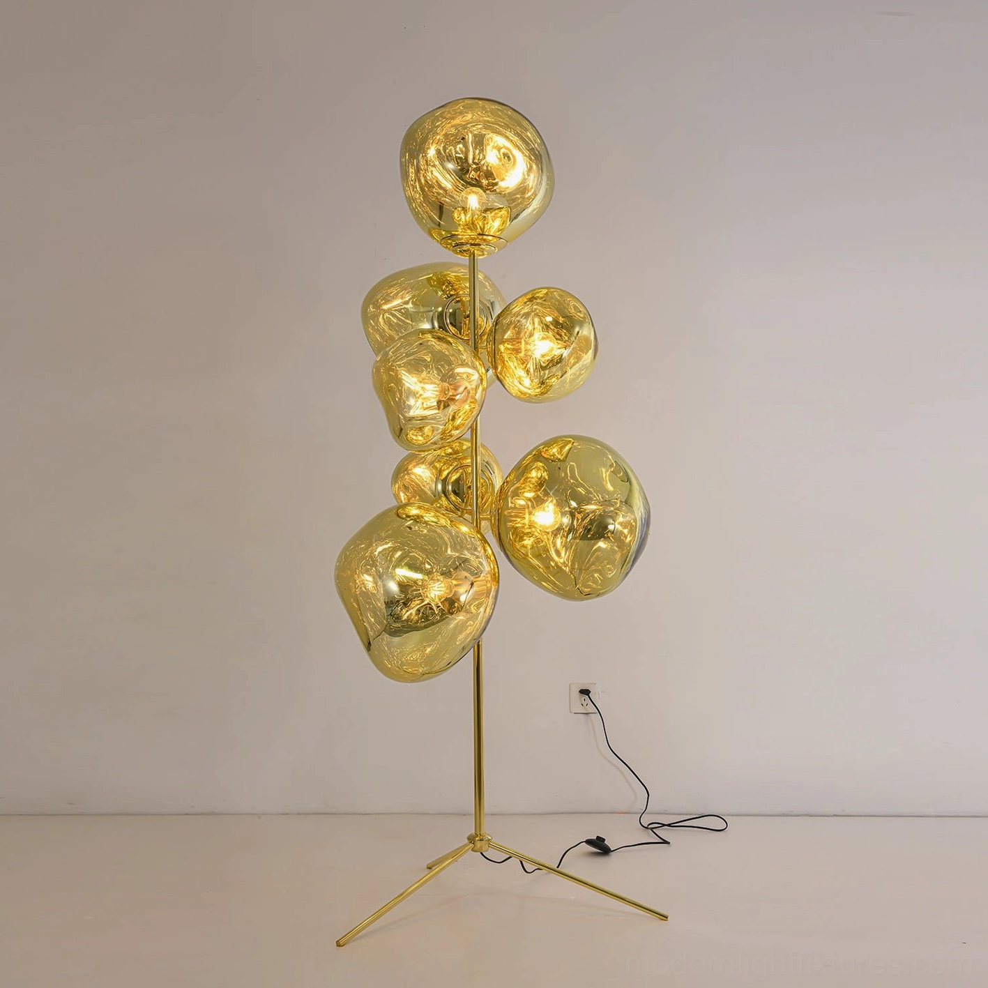 Gold finish lava bubble floor lamp large size 180cm height in elegant home setting