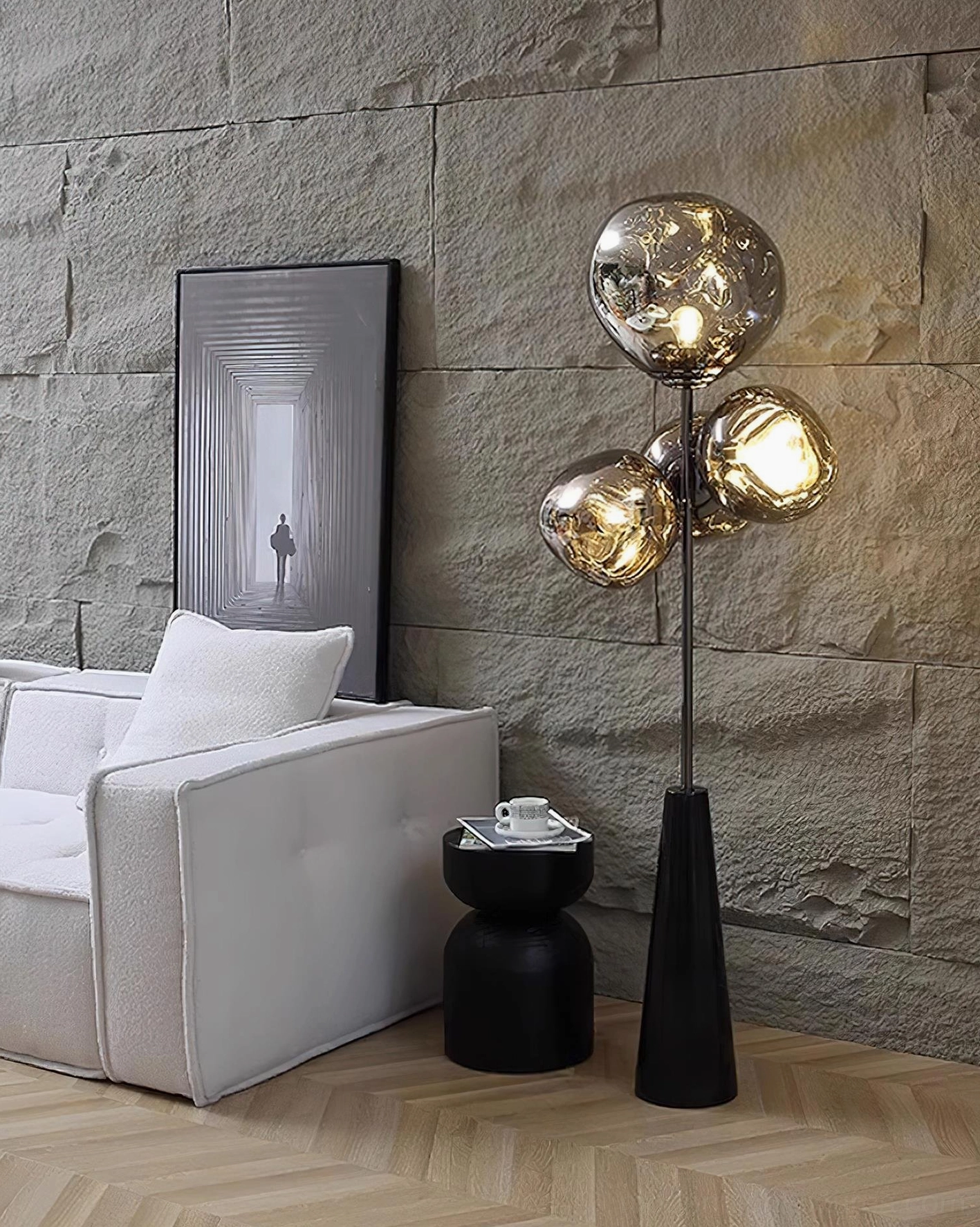Lava glass ball floor lamp ambient lighting design showing light diffusion through glass globes - mood lighting