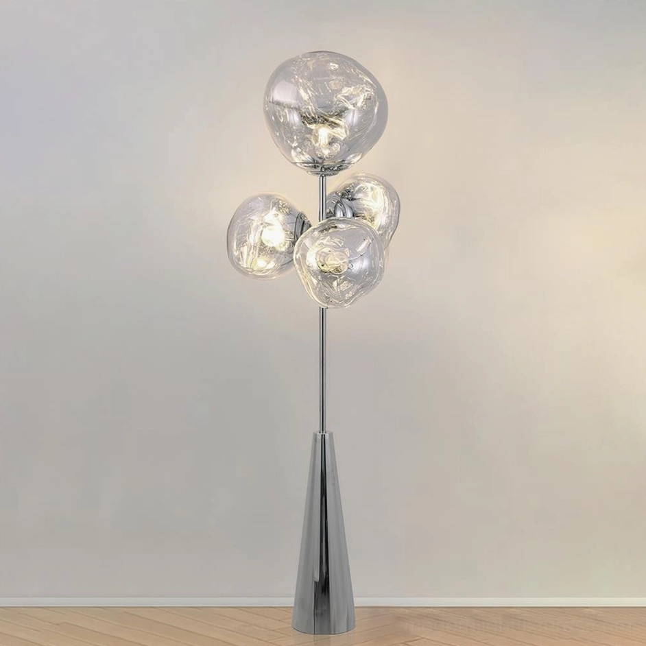 Lava Column glass globe floor lamp with chrome silver metal base and clear textured glass - minimalist modern design