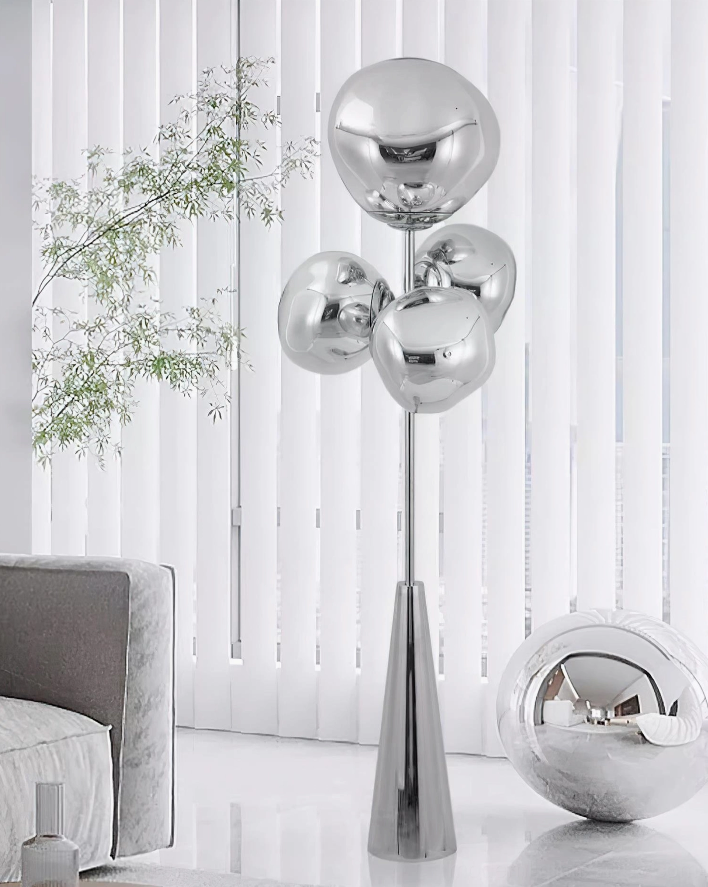 Lava Column glass sphere floor lamp product detail showing four glass globes and conical metal base construction