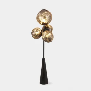 Lava Column glass globe floor lamp front view with four smoky glass spheres on chrome metal base - modern contemporary floor lamp