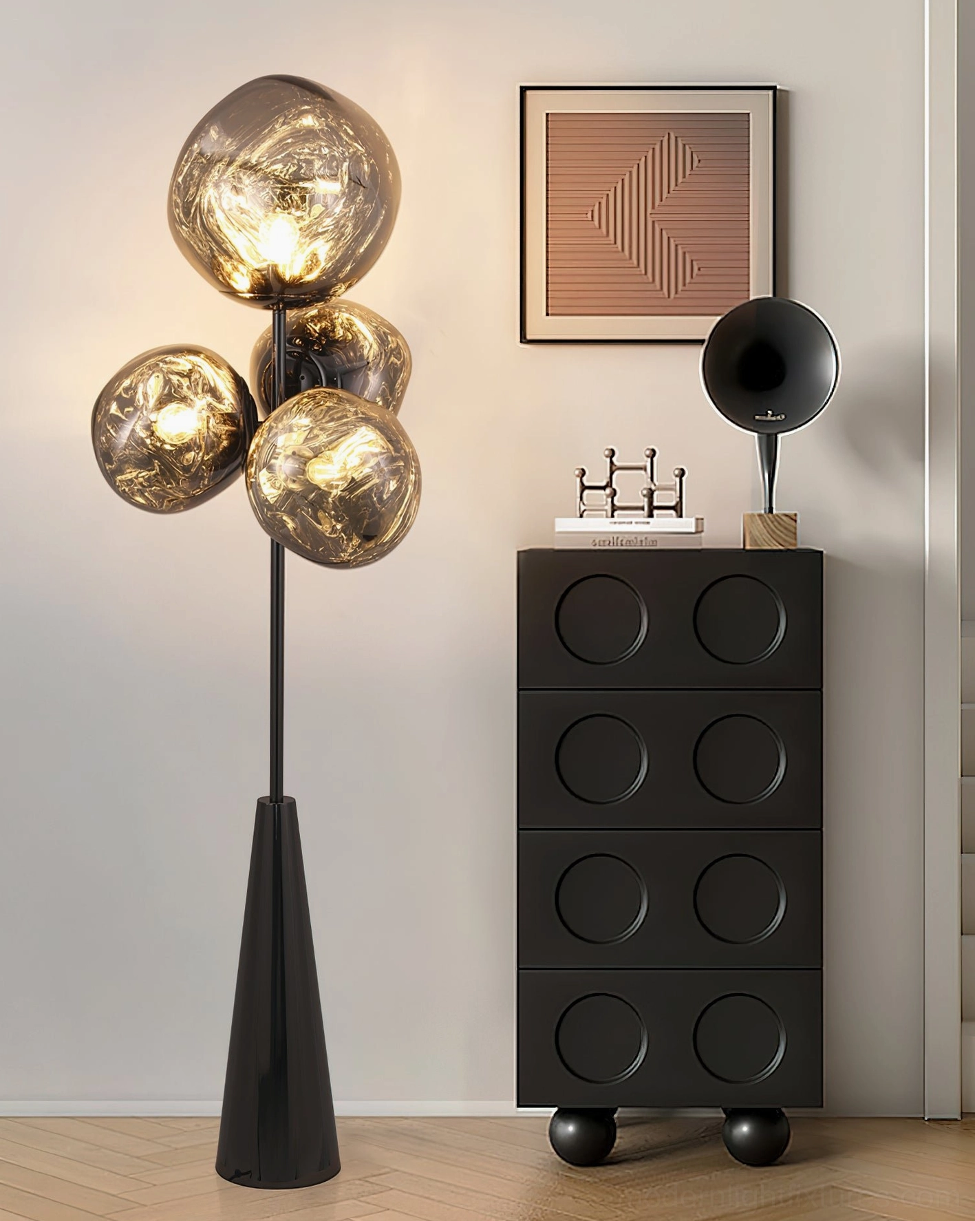 Lava glass ball floor lamp in modern hallway with black pole and smoked brown glass - contemporary luxury lighting