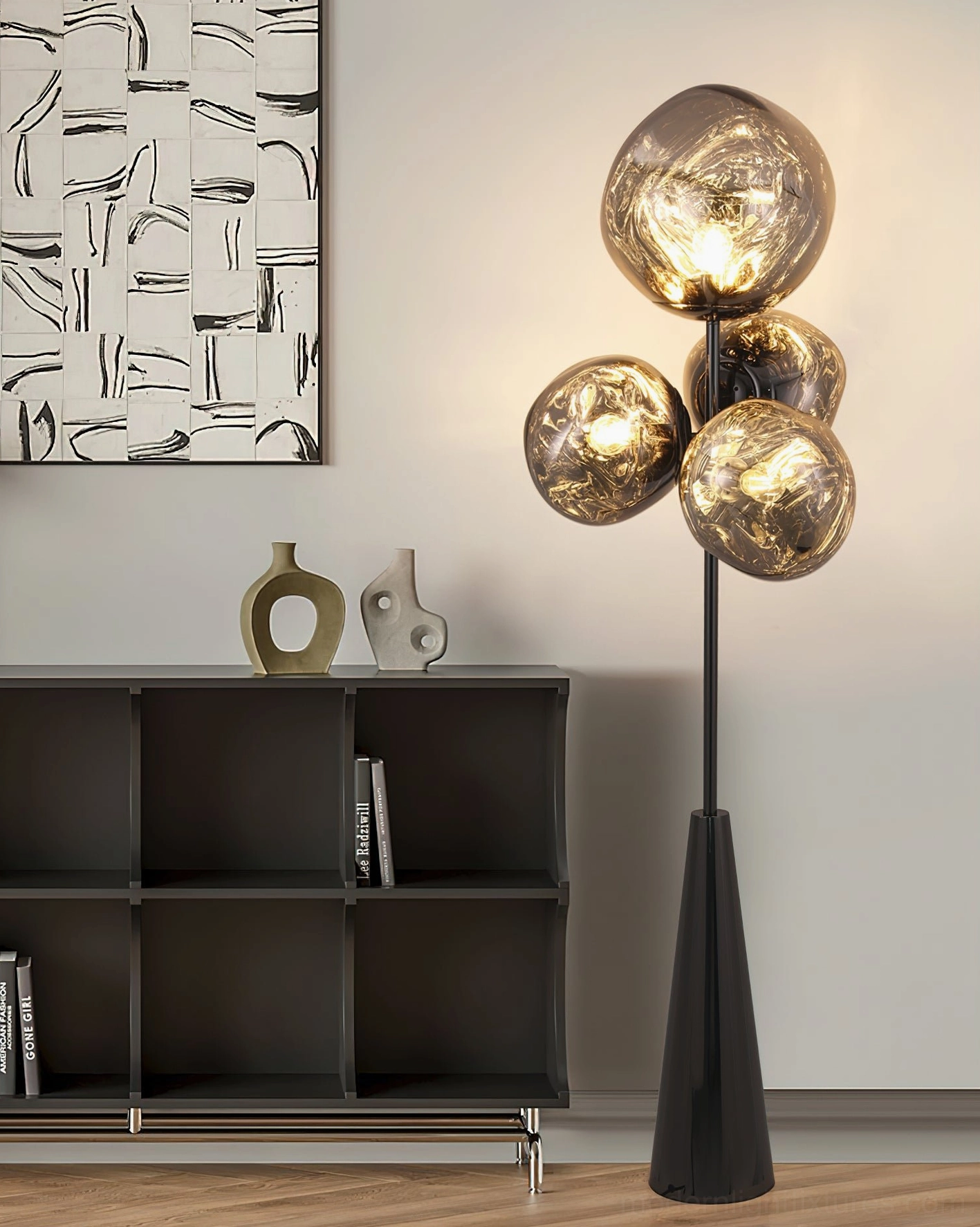 Lava floor lamp contemporary living room storage area with black smoked glass and wall art decoration