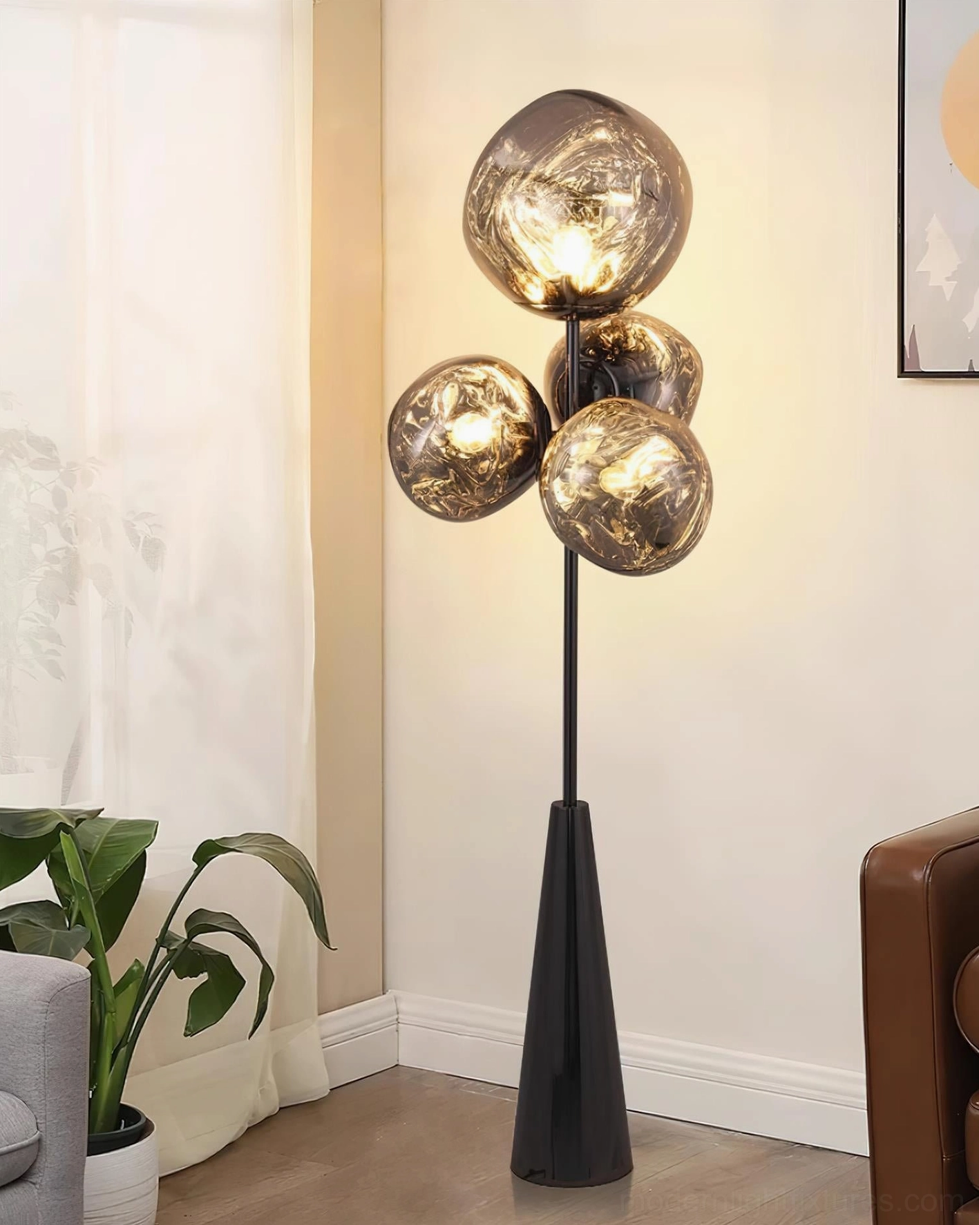Lava glass ball floor lamp three-quarter view showcasing sculptural cluster design and elegant proportions