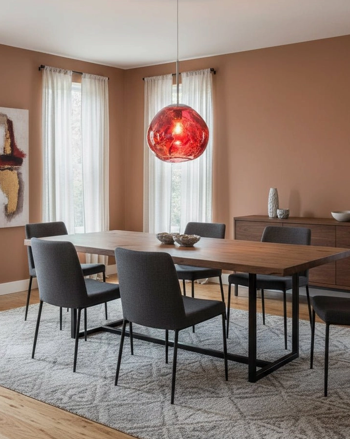 Modern metallic pendant lamp creating ambient atmospheric lighting installation