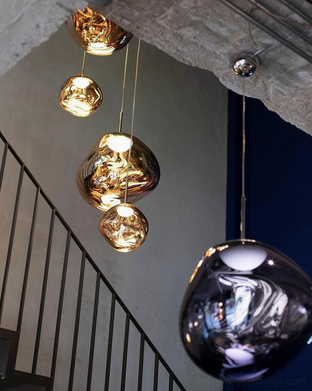 Pendant lamp mirror finish creating immersive fractured light room installation