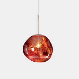 Lava pendant lamp with distorted mirror finish reflecting warm interior light